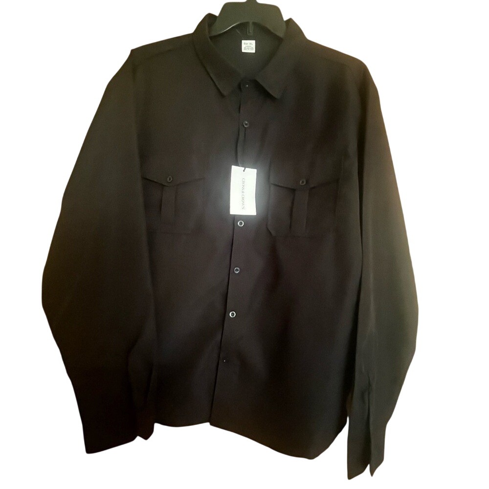 Cross & Crown Mens Xl Black Long Sleeve Button Down Utility Shirt Dual Pockets
